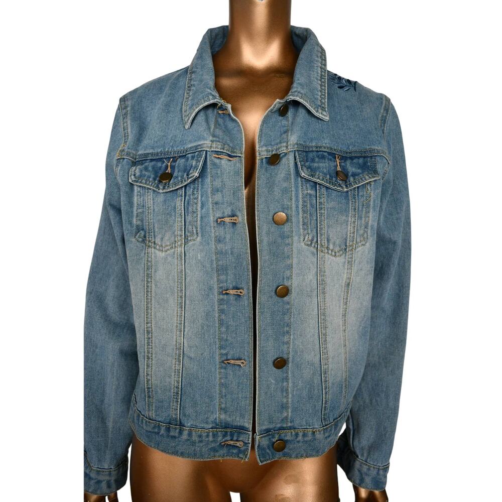 Say What? Women's Embroidered Floral Button Front Denim Jean Jacket Blue Size L